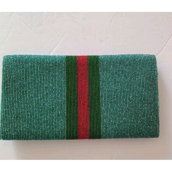 Seed Bead Clutch Bag Blue Red Green Gold Chain Detachable Strap Snap Close - Picture 3 of 10